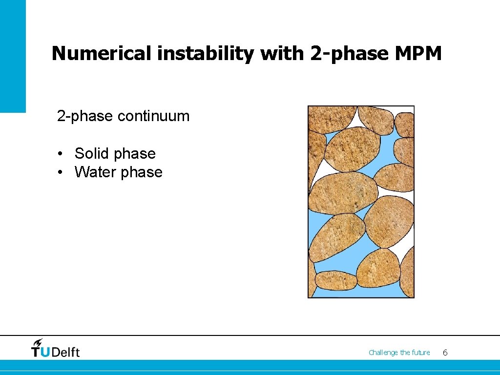 Numerical instability with 2 -phase MPM 2 -phase continuum • Solid phase • Water