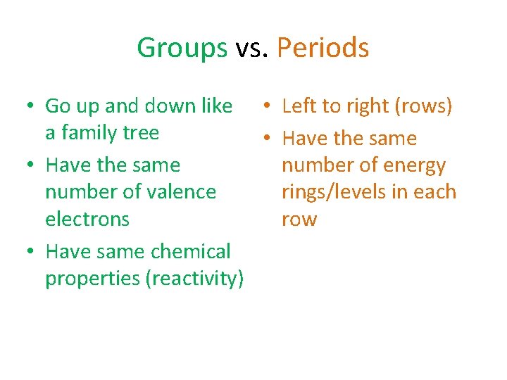Groups vs. Periods • Go up and down like • Left to right (rows)