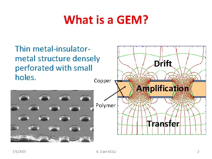 What is a GEM? Thin metal-insulatormetal structure densely perforated with small holes. Copper Drift