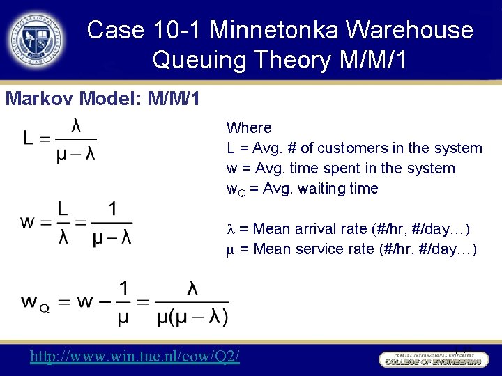 Case 10 -1 Minnetonka Warehouse Queuing Theory M/M/1 Markov Model: M/M/1 Where L =