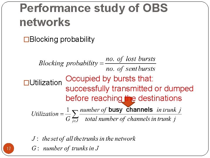 Performance study of OBS networks �Blocking probability �Utilization 17 Occupied by bursts that: successfully