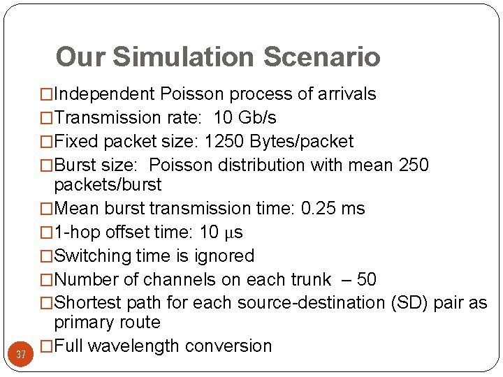 Our Simulation Scenario �Independent Poisson process of arrivals �Transmission rate: 10 Gb/s �Fixed packet