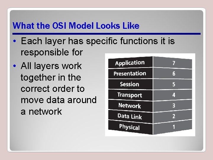 What the OSI Model Looks Like • Each layer has specific functions it is What the OSI Model Looks Like • Each layer has specific functions it is