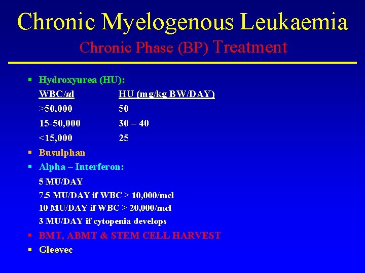 Chronic Myelogenous Leukaemia Chronic Phase (BP) Treatment § Hydroxyurea (HU): WBC/ul HU (mg/kg BW/DAY)