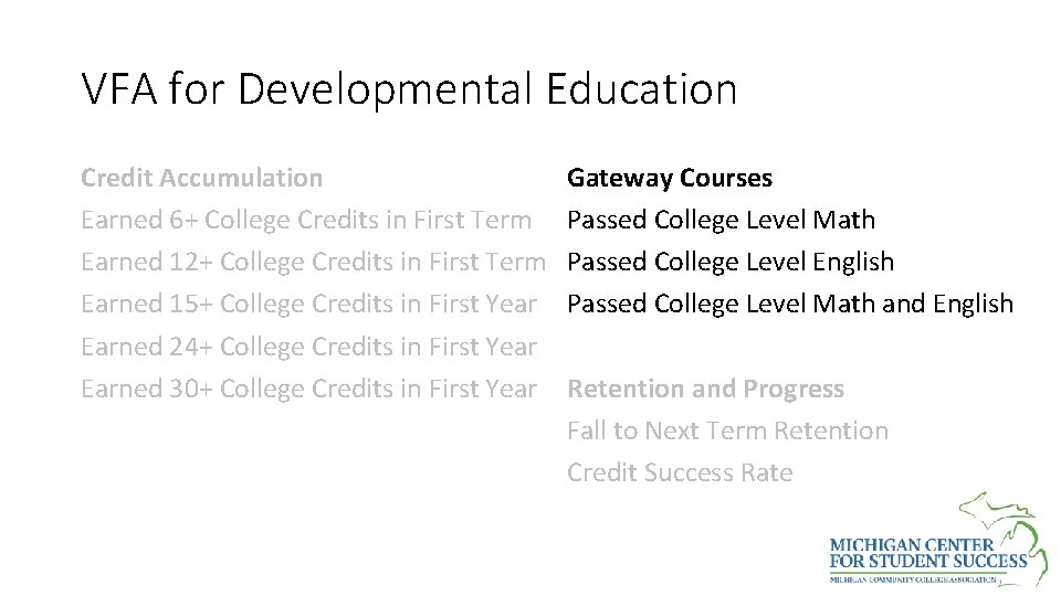 VFA for Developmental Education Credit Accumulation Earned 6+ College Credits in First Term Earned