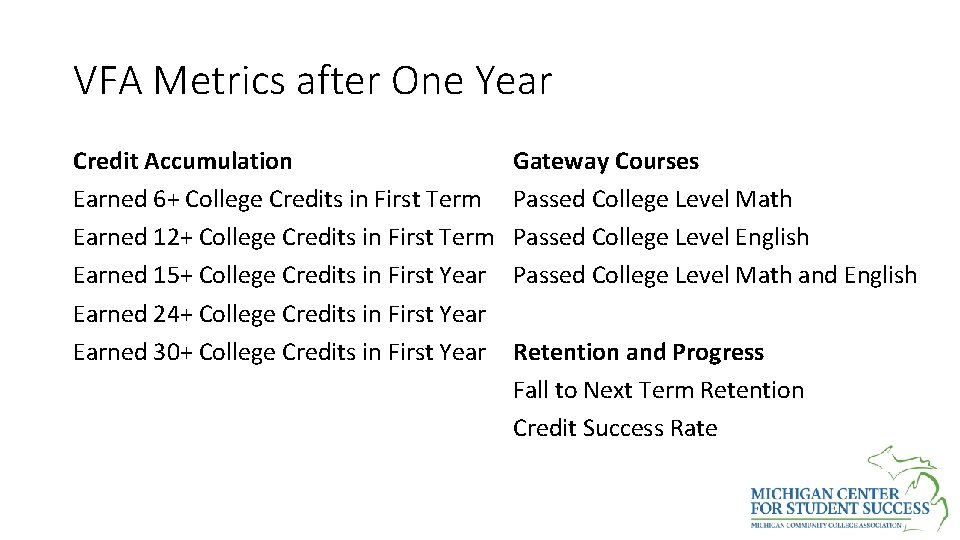 VFA Metrics after One Year Credit Accumulation Earned 6+ College Credits in First Term