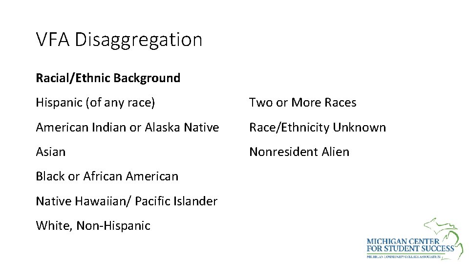 VFA Disaggregation Racial/Ethnic Background Hispanic (of any race) Two or More Races American Indian