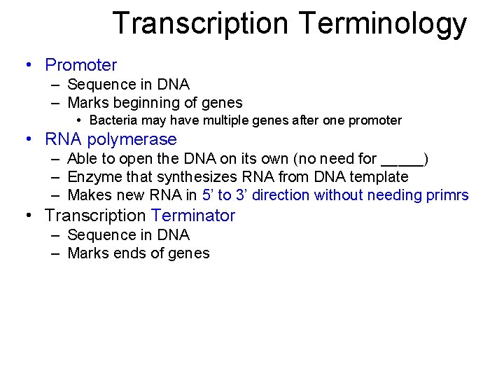 Transcription Terminology • Promoter – Sequence in DNA – Marks beginning of genes •