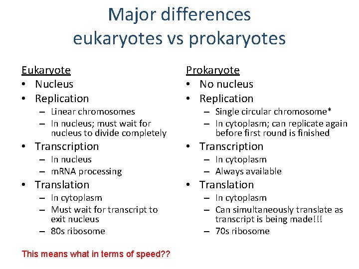 Major differences eukaryotes vs prokaryotes Eukaryote • Nucleus • Replication Prokaryote • No nucleus