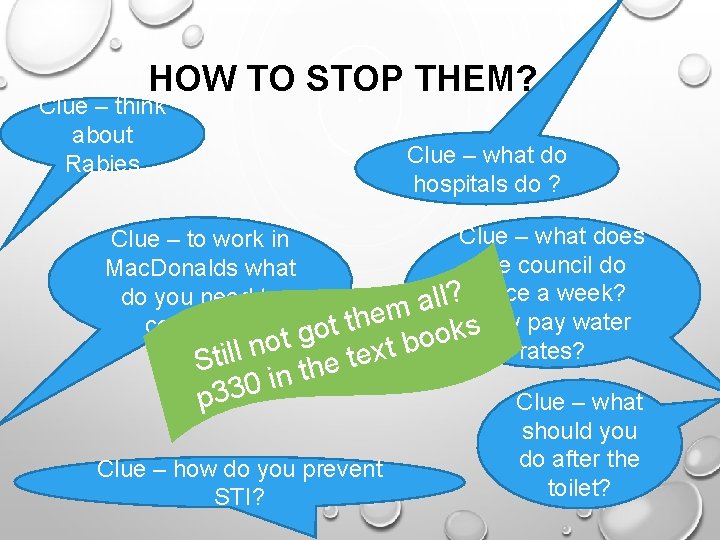 HOW TO STOP THEM? Clue – think about Rabies Clue – what do hospitals