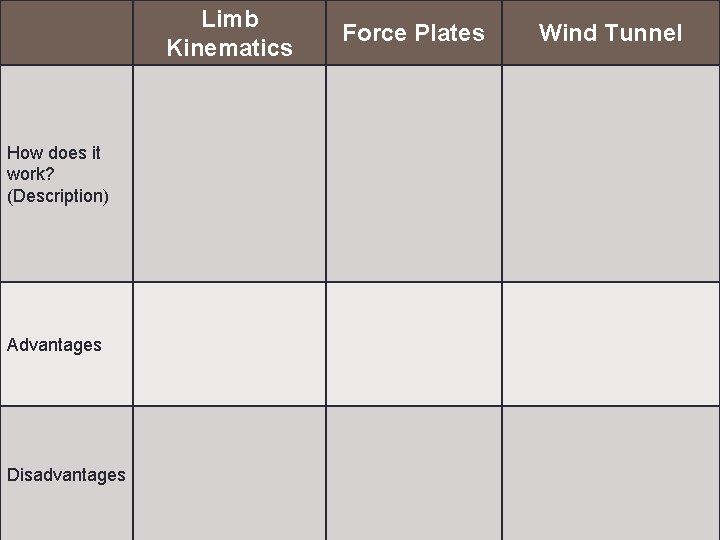 Limb Kinematics How does it work? (Description) Advantages Disadvantages Force Plates Wind Tunnel 