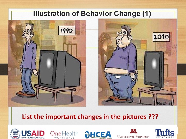 Illustration of Behavior Change (1) List the important changes in the pictures ? ?