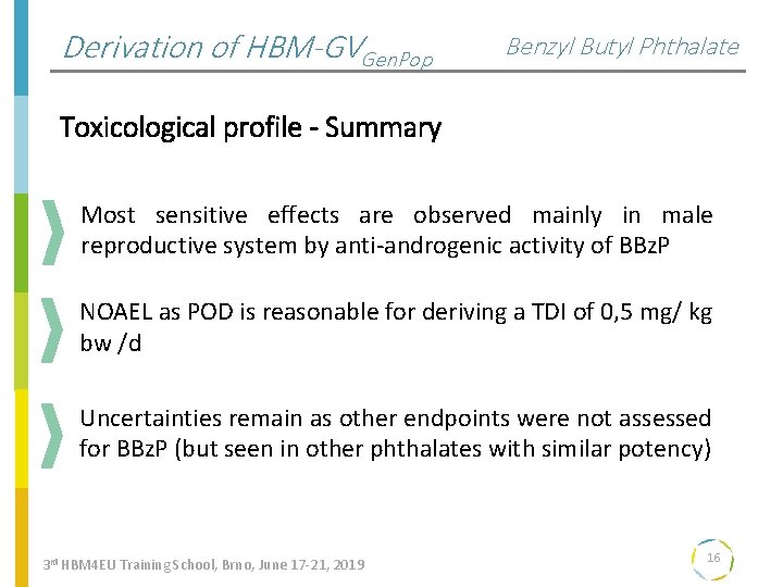 Derivation of HBM-GVGen. Pop Benzyl Butyl Phthalate Toxicological profile - Summary Most sensitive effects
