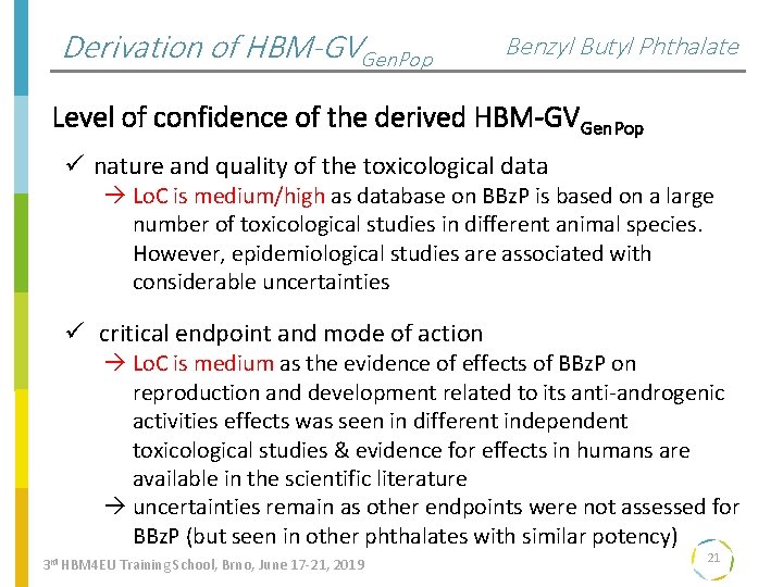 Derivation of HBM-GVGen. Pop Benzyl Butyl Phthalate Level of confidence of the derived HBM-GVGen.