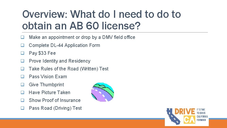 Overview: What do I need to do to obtain an AB 60 license? q