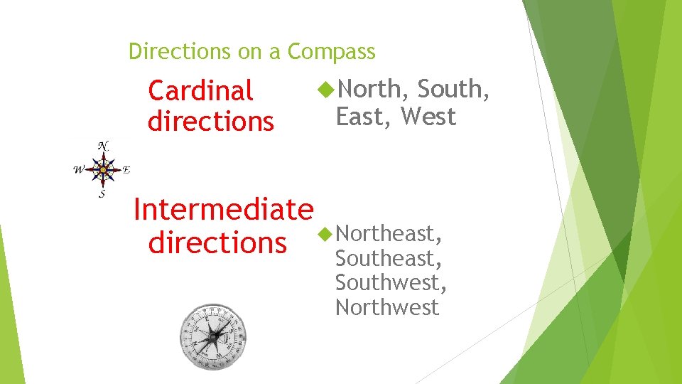 Directions on a Compass Cardinal directions North, South, East, West Intermediate Northeast, directions Southeast,