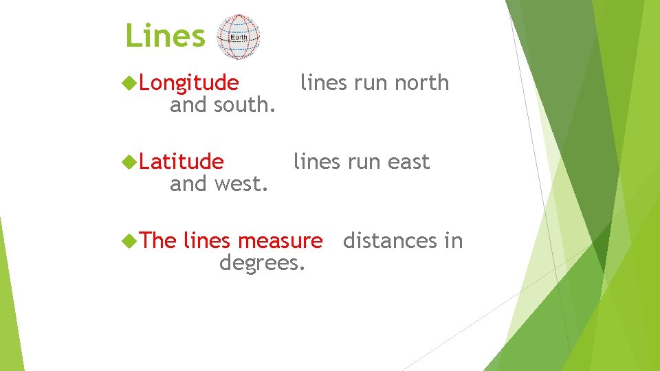 Lines Longitude and south. Latitude and west. The lines run north lines run east