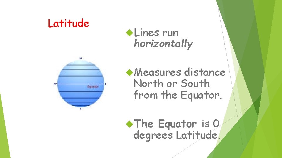 Latitude Lines run horizontally Measures distance North or South from the Equator. The Equator