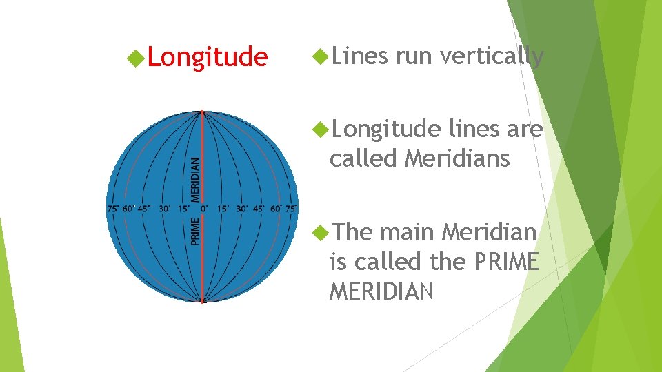 Longitude Lines run vertically Longitude lines are called Meridians The main Meridian is