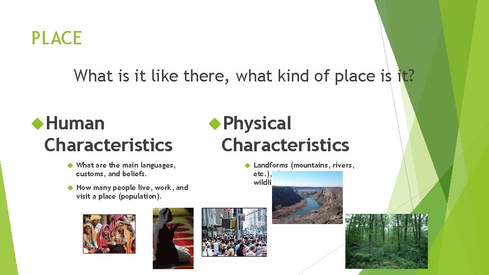 PLACE What is it like there, what kind of place is it? Human Characteristics