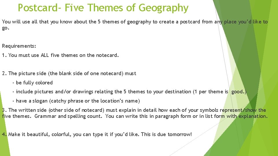 Postcard- Five Themes of Geography You will use all that you know about the