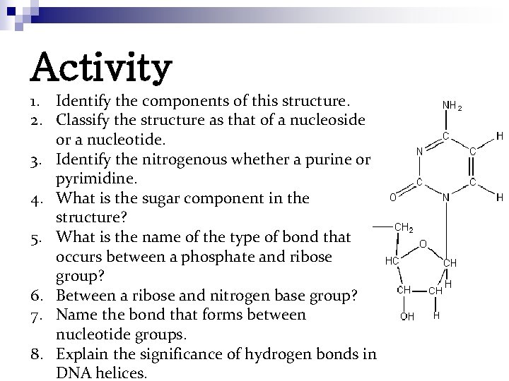 Activity 1. Identify the components of this structure. 2. Classify the structure as that