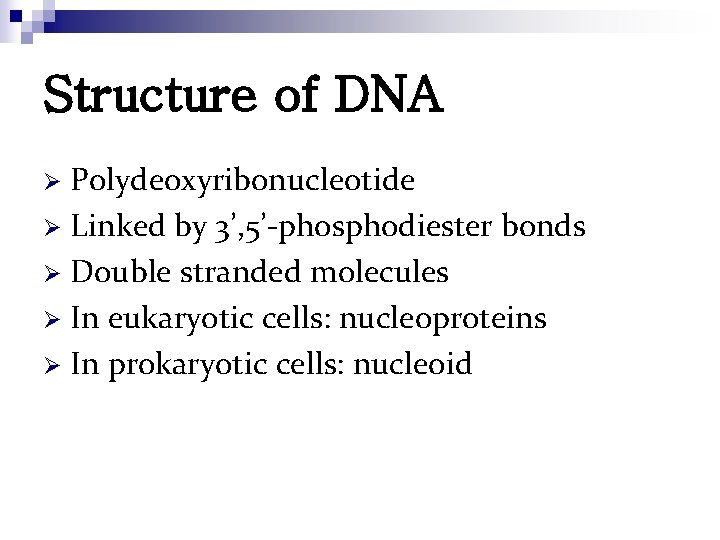 Structure of DNA Polydeoxyribonucleotide Ø Linked by 3’, 5’-phosphodiester bonds Ø Double stranded molecules