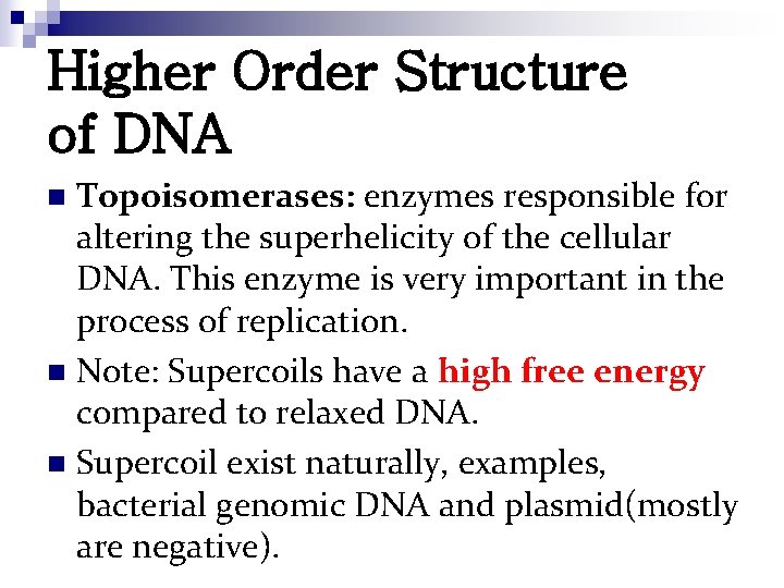 Higher Order Structure of DNA Topoisomerases: enzymes responsible for altering the superhelicity of the