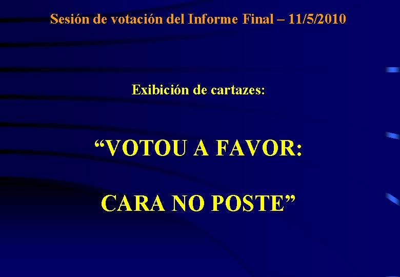 Sesión de votación del Informe Final – 11/5/2010 Exibición de cartazes: “VOTOU A FAVOR: