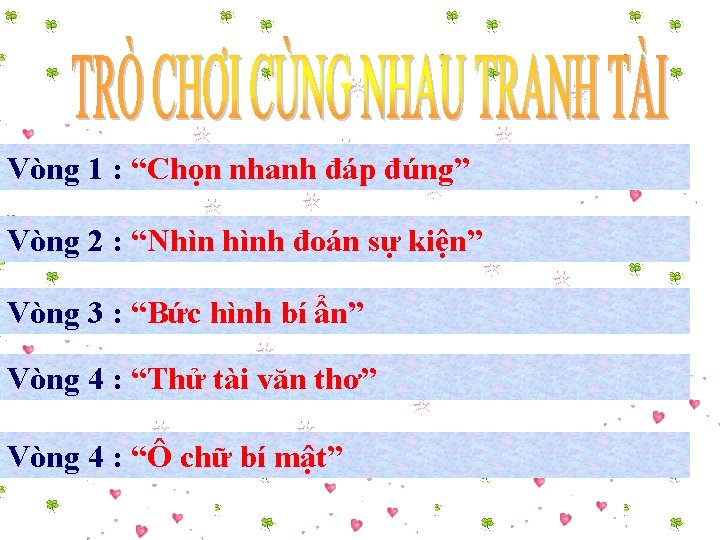 Vòng 1 : “Chọn nhanh đáp đúng” Vòng 2 : “Nhìn hình đoán sự