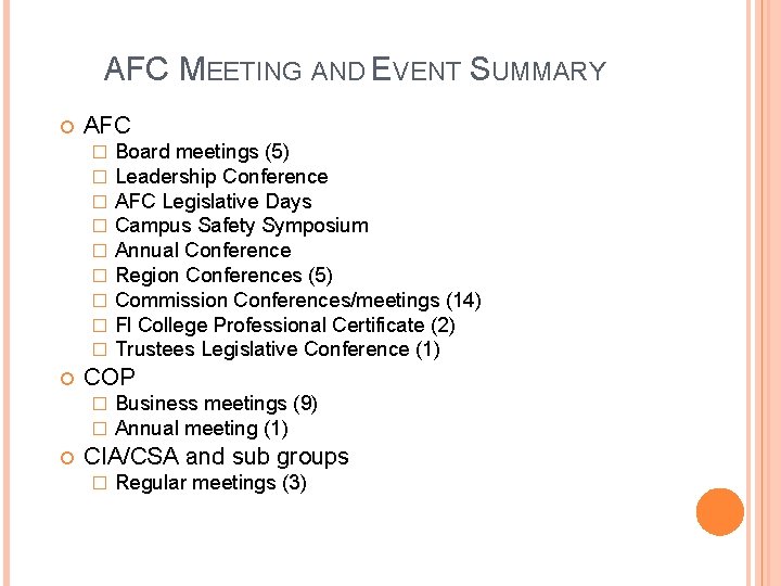 AFC MEETING AND EVENT SUMMARY AFC � � � � � COP � �