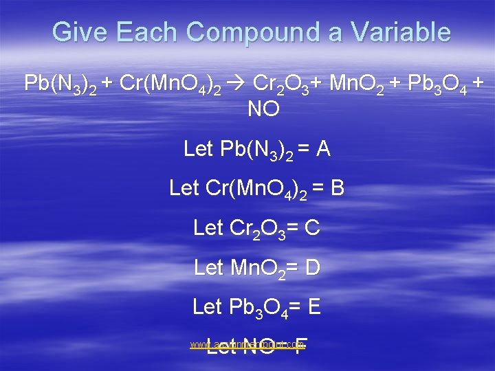 Give Each Compound a Variable Pb(N 3)2 + Cr(Mn. O 4)2 Cr 2 O