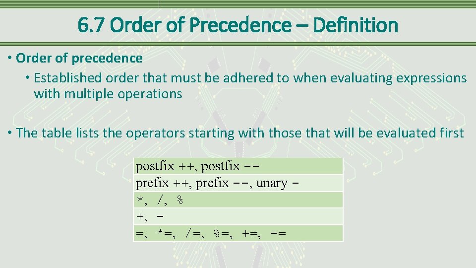 6. 7 Order of Precedence – Definition • Order of precedence • Established order