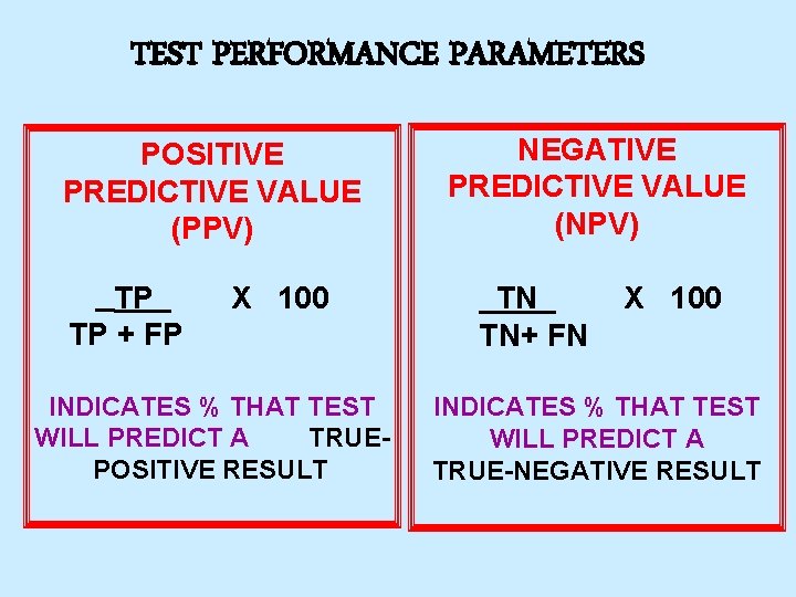 TEST PERFORMANCE PARAMETERS POSITIVE PREDICTIVE VALUE (PPV) TP TP + FP X 100 INDICATES