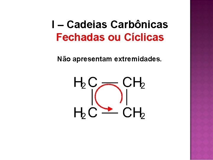 I – Cadeias Carbônicas Fechadas ou Cíclicas Não apresentam extremidades. I – Cadeias Carbônicas Fechadas ou Cíclicas Não apresentam extremidades.