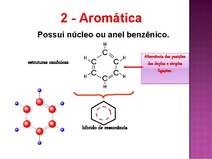 2 - Aromática Possui núcleo ou anel benzênico. Alternância das posições das duplas e 2 - Aromática Possui núcleo ou anel benzênico. Alternância das posições das duplas e