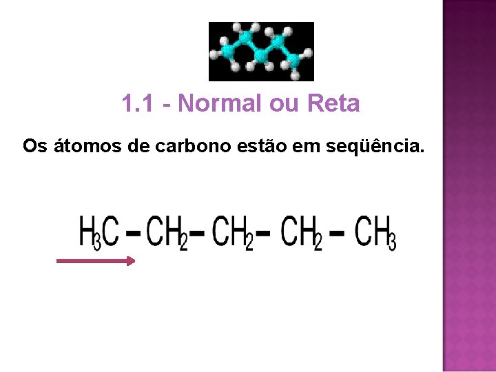 1. 1 - Normal ou Reta Os átomos de carbono estão em seqüência. 1. 1 - Normal ou Reta Os átomos de carbono estão em seqüência.