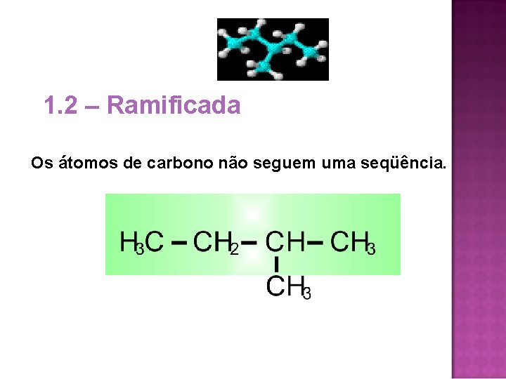 1. 2 – Ramificada Os átomos de carbono não seguem uma seqüência. 1. 2 – Ramificada Os átomos de carbono não seguem uma seqüência.