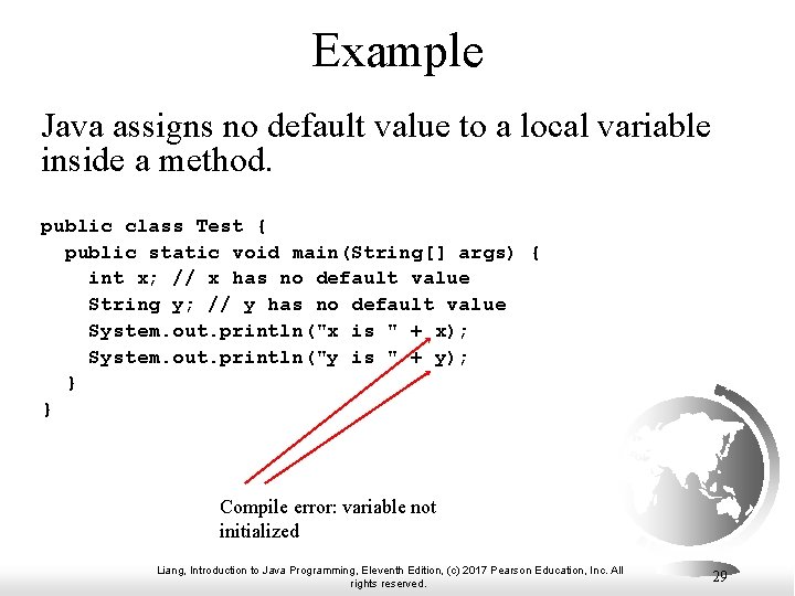 Example Java assigns no default value to a local variable inside a method. public