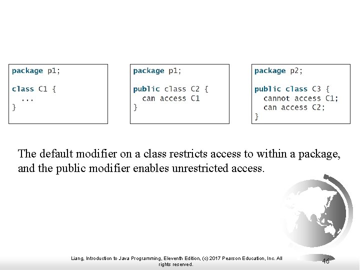 The default modifier on a class restricts access to within a package, and the