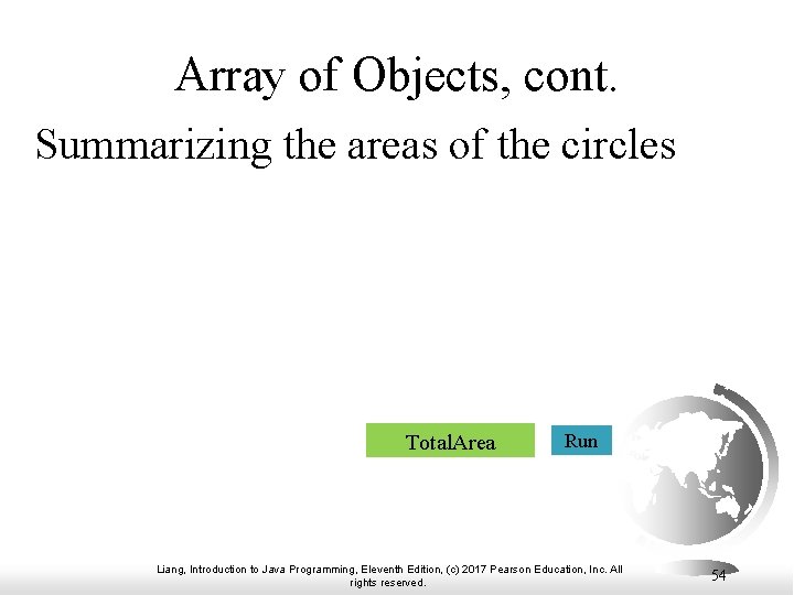 Array of Objects, cont. Summarizing the areas of the circles Total. Area Run Liang,