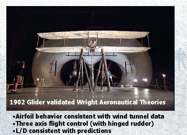 1902 Glider validated Wright Aeronautical Theories • Airfoil behavior consistent with wind tunnel data