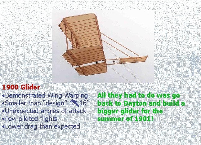 1900 Glider • Demonstrated Wing Warping • Smaller than “design” 18’ 16’ • Unexpected