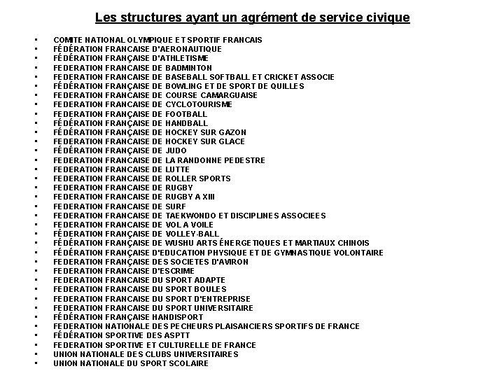 Les structures ayant un agrément de service civique • • • • • •