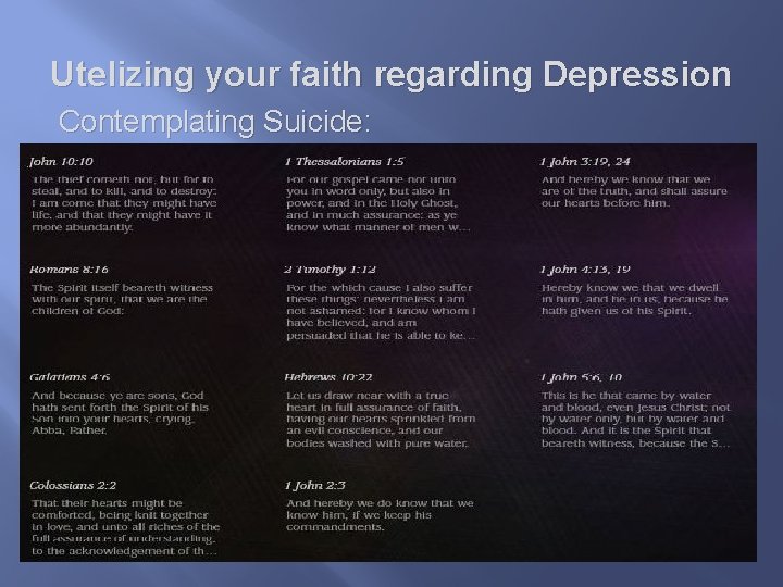 Utelizing your faith regarding Depression Contemplating Suicide: 