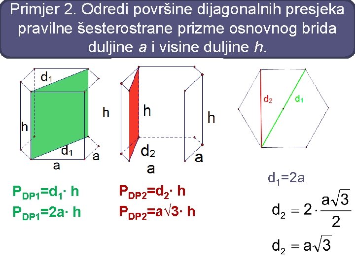Primjer 2. Odredi površine dijagonalnih presjeka pravilne šesterostrane prizme osnovnog brida duljine a i