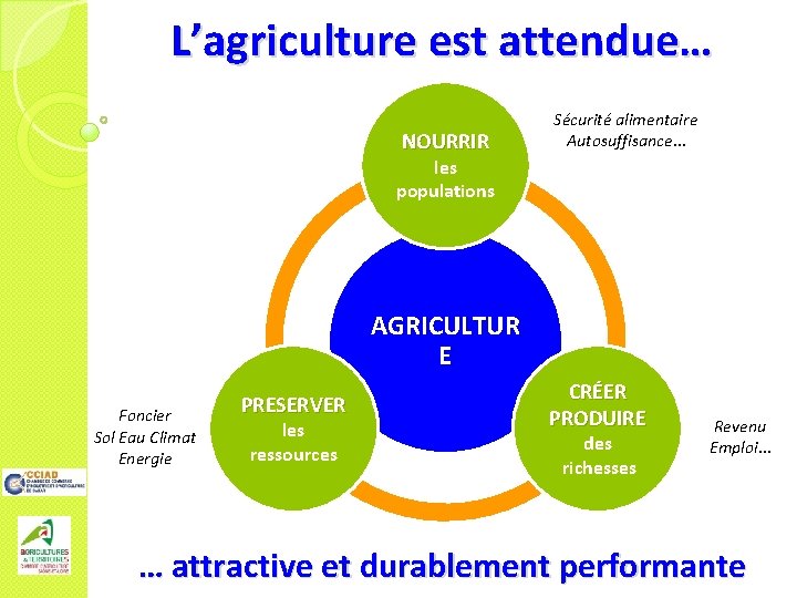 L’agriculture est attendue… NOURRIR Sécurité alimentaire Autosuffisance… les populations AGRICULTUR E Foncier Sol Eau