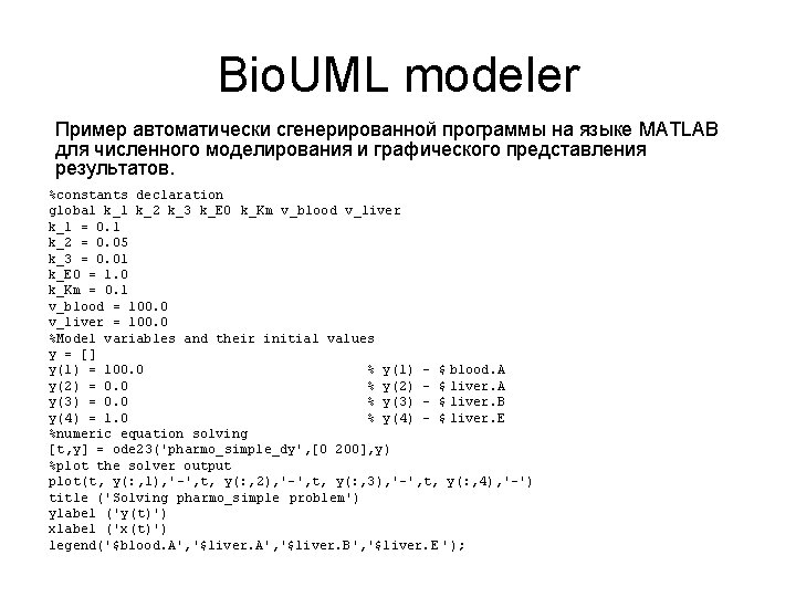 Bio. UML modeler Пример автоматически сгенерированной программы на языке MATLAB для численного моделирования и Bio. UML modeler Пример автоматически сгенерированной программы на языке MATLAB для численного моделирования и