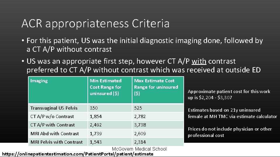 ACR appropriateness Criteria • For this patient, US was the initial diagnostic imaging done,