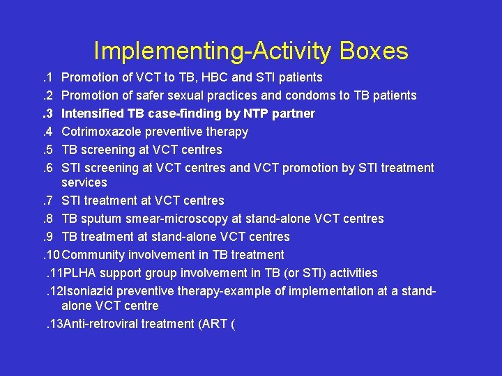 Implementing-Activity Boxes. 1. 2. 3. 4. 5. 6 Promotion of VCT to TB, HBC